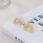 Gold Double Leaf Pave CZ Stud Earrings