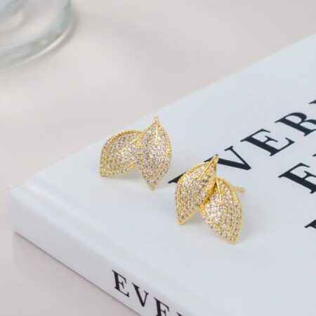 Gold Double Leaf Pave CZ Stud Earrings