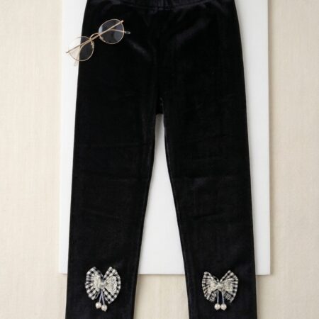 Black Velvet Bow Tie Thermal Leggings with Inner Fleece