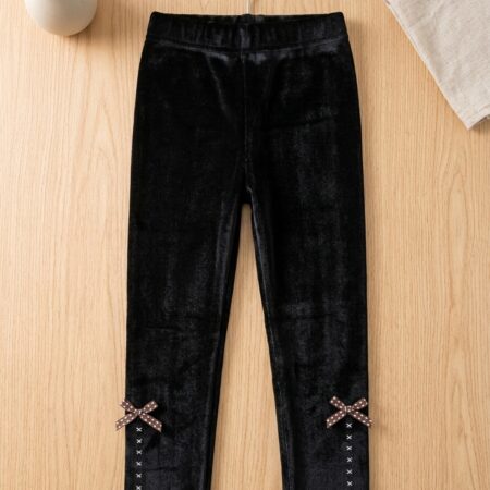 Black Velvet Bow Cross Stich Thermal Leggings with Inner Fleece