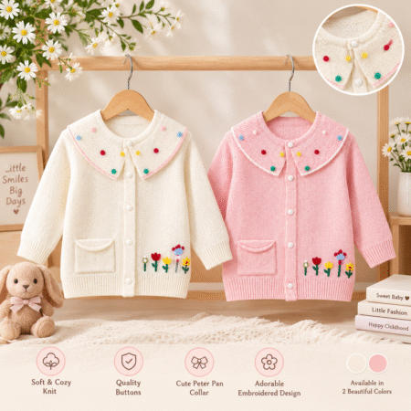 Girls Knitted Winter Cardigan with Colorful Floral Embroidery